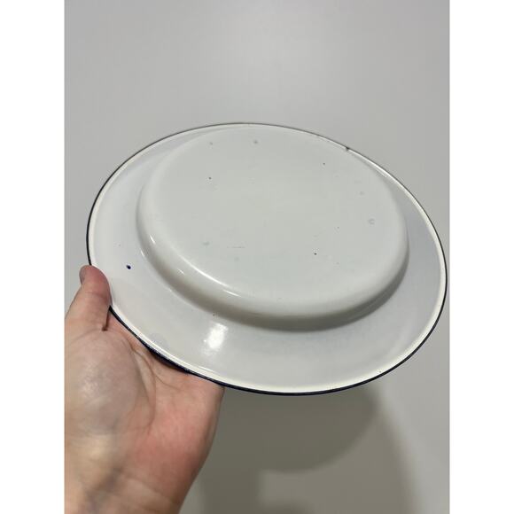 2 Vintage White w/ Blue Rim Enamel 9.5" Salad Plate Cottage Farmhouse Kitchen - Picture 5 of 9